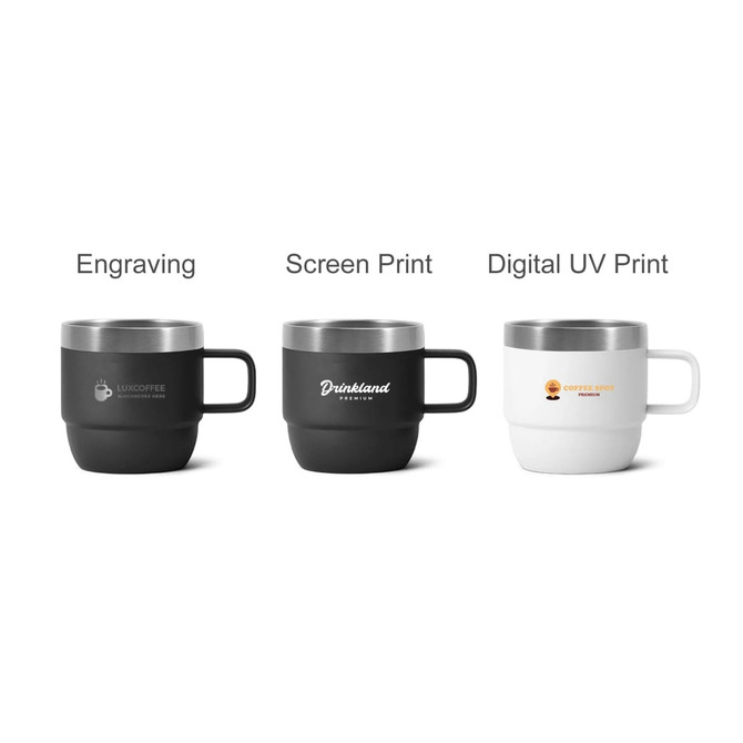 A stackable stainless steel mug in black and white, featuring a logo on each mug. Suitable for drinkware use.
