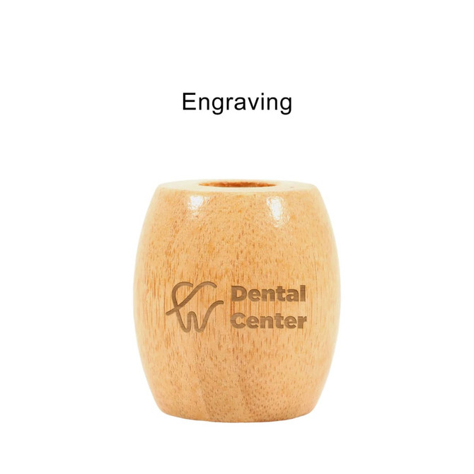 A bamboo toothbrush stand in a light wood finish with a circular opening at the top and a branding logo.