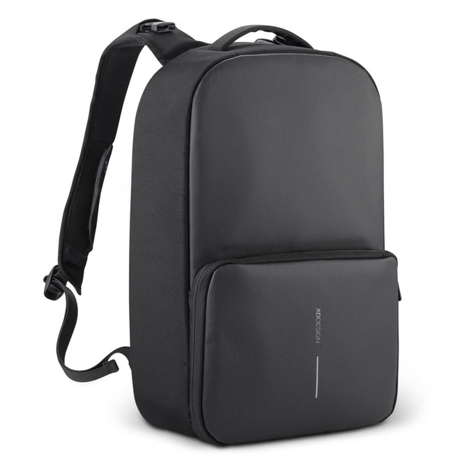 A black gym bag with a large main compartment and a front zip pocket, featuring adjustable shoulder straps.