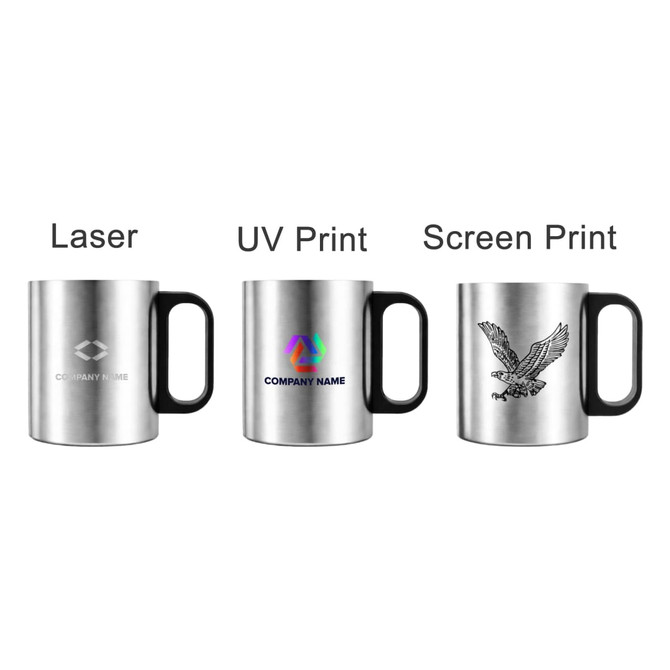 A drink bottle featuring three stainless steel insulated mugs with black plastic handles, each displaying different print designs.