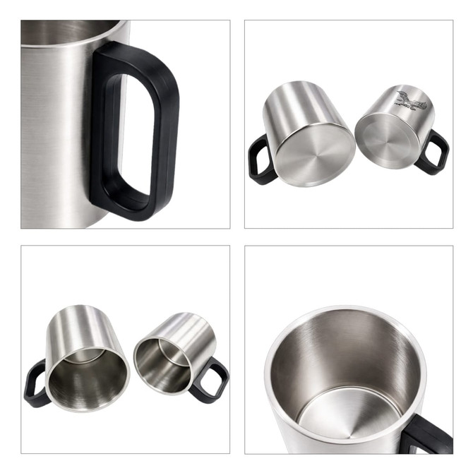 A stainless steel insulated mug in silver with a black plastic handle, showing interior and exterior views.