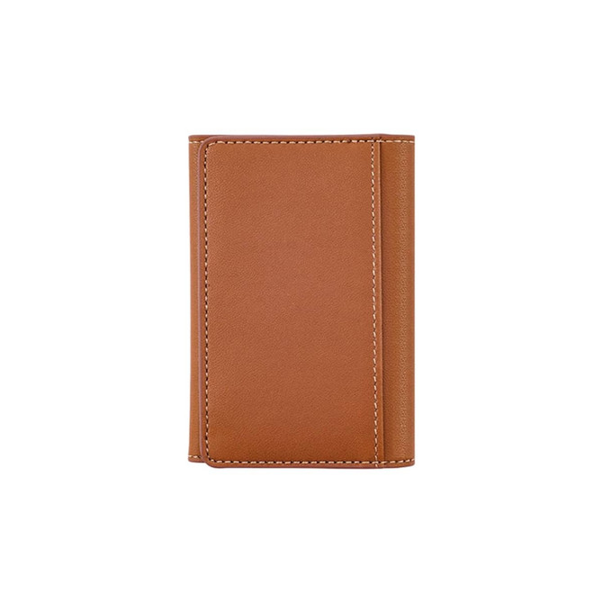 A PU magnetic wallet in a tan colour with visible stitching and a simple design. It features a logo on the exterior.