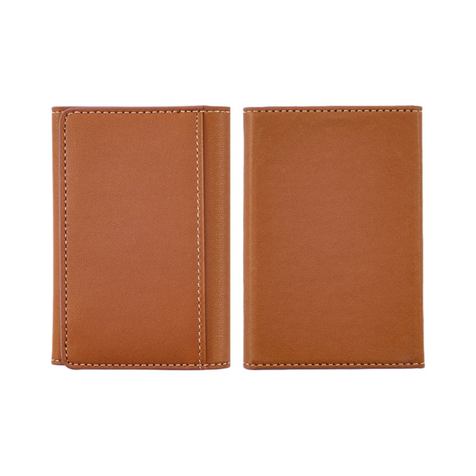 A PU magnetic wallet in a rich brown colour, featuring a simple design with visible stitching. It has a logo on one side.