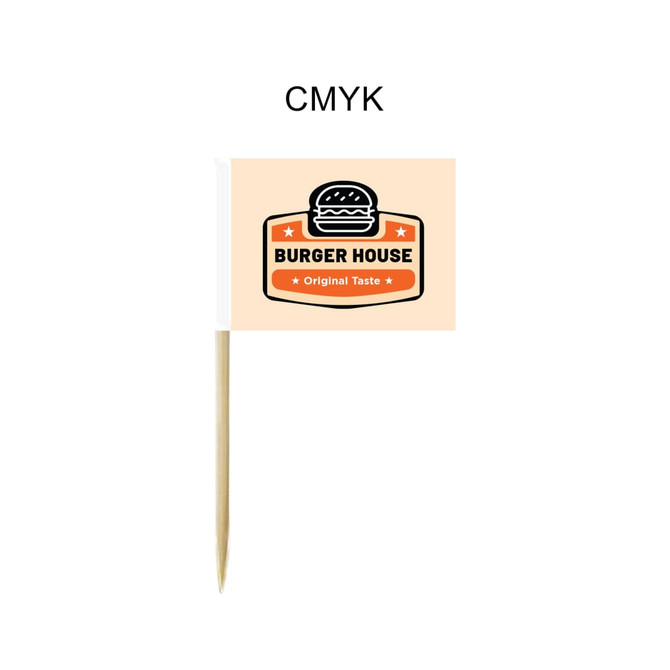 A set of paper flags with a burger logo and orange accents, mounted on wooden sticks.