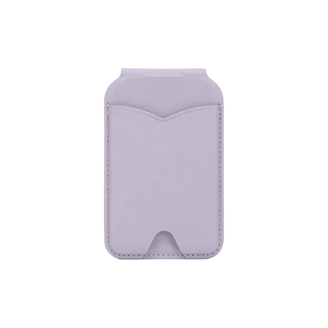 A light purple PU magnetic card holder with a smooth finish and a slot for a mirror. It features a logo.