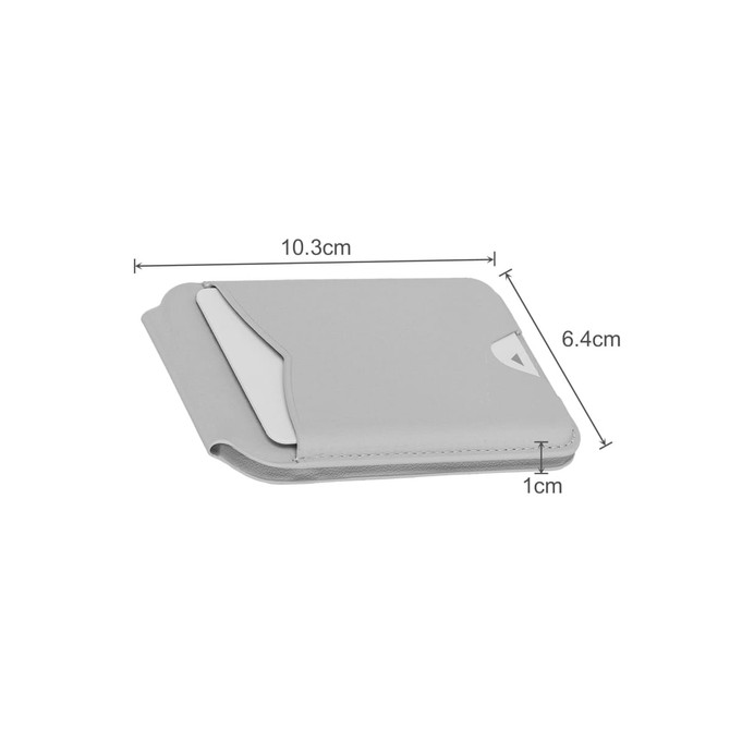 A grey PU magnetic card holder with a mirror, featuring dimensions of 10.3 cm by 6.4 cm by 1 cm.