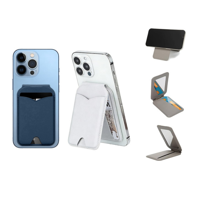A PU magnetic card holder with mirror, available in navy and white, attached to a smartphone. Features a compact design.