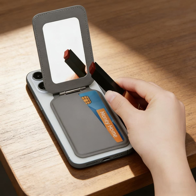 A grey PU magnetic card holder with a mirror is open, displaying a card and two lipsticks on a wooden surface.
