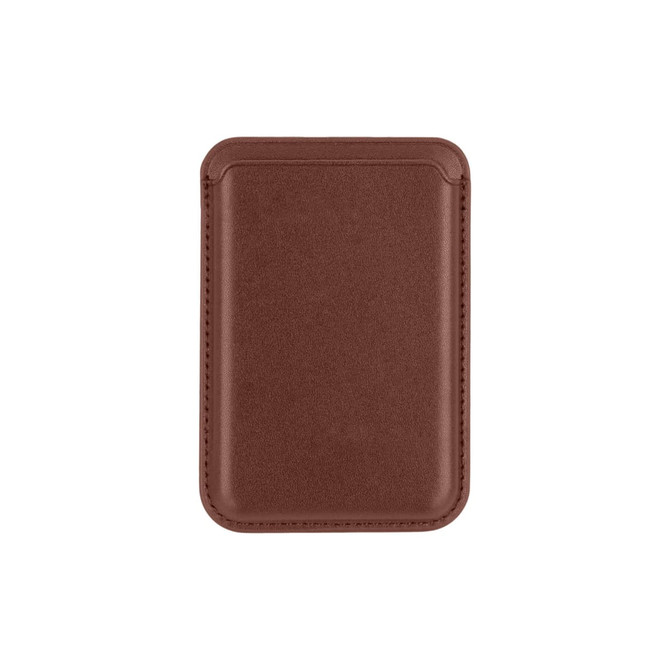 A brown PU magnetic phone card holder with a sleek, minimalist design and a logo on the front.