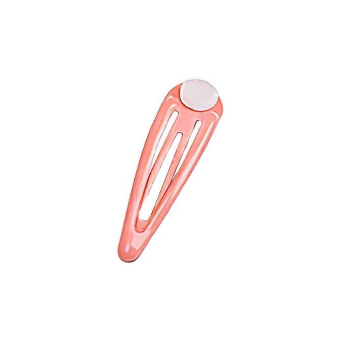 A pink hair clip with a round, light-coloured top and a sleek design. It features a branding logo.