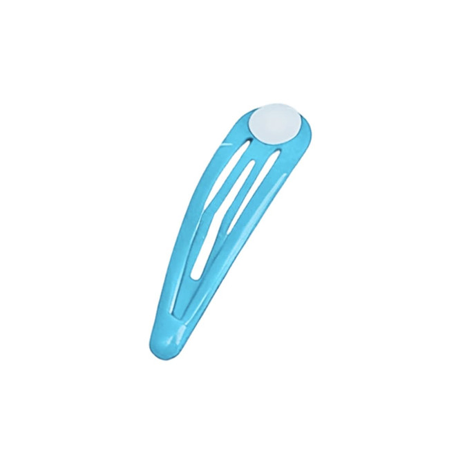 A blue hair clip with a rounded top and an elongated shape, featuring a smooth surface. It has a logo on it.