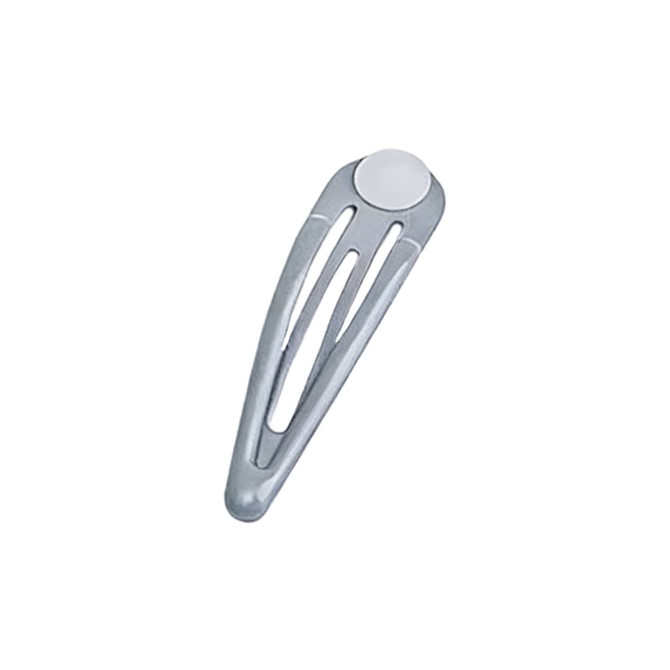 A grey hair clip with an oval white design and a logo on it.