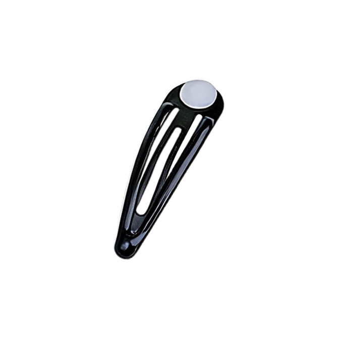 A black hair clip with a white circular embellishment and an elongated design. The image includes a visible logo.