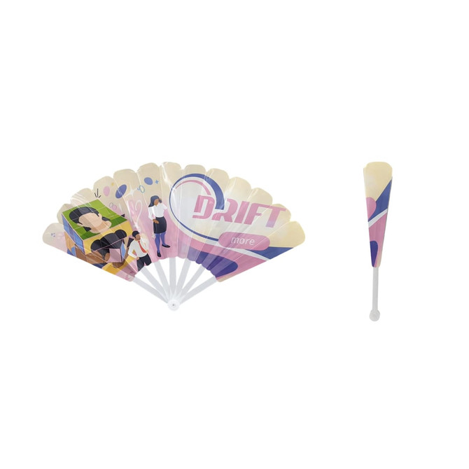 A plastic hand fan featuring a design in pastel colours with various illustrations and a logo.