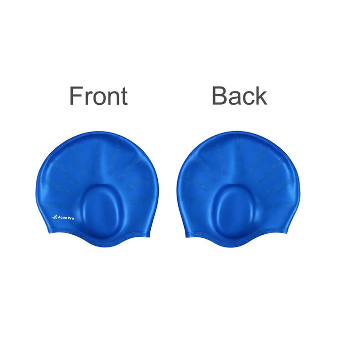 A blue swimming cap with earmuffs, displayed from the front and back, featuring a logo.