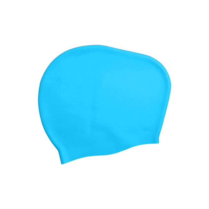 A silicone swim cap for women with long hair in a bright blue colour, featuring a simple design and a logo.