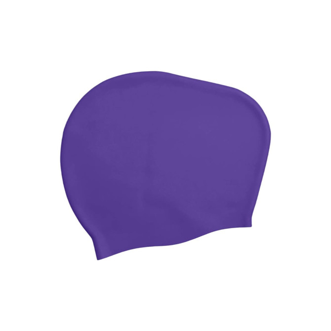 A purple silicone swim cap designed for women with long hair. Features a smooth, sleek surface and a logo.