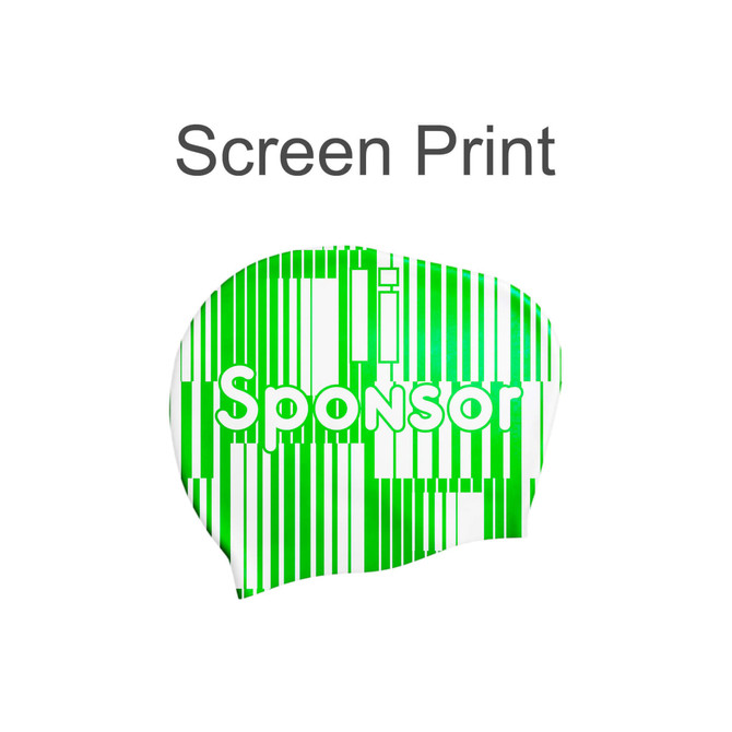 A silicone swim cap for women, designed for long hair, in green and white with a striped pattern and a logo.