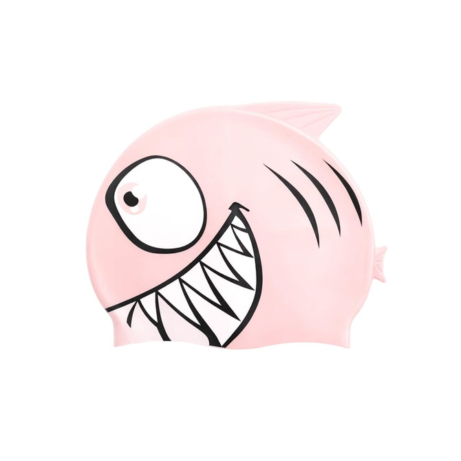 A pink silicone swim cap in the shape of a fish, featuring a large smiling face and black detailing.