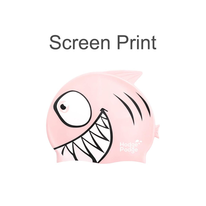 A silicone swim cap in pink, featuring a fish design with prominent eyes and stripes. It has a logo visible.