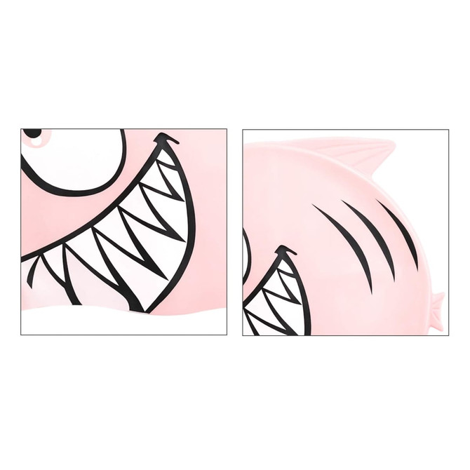 A pink silicone swim cap featuring a playful fish design with large eyes and sharp teeth, accompanied by a logo.
