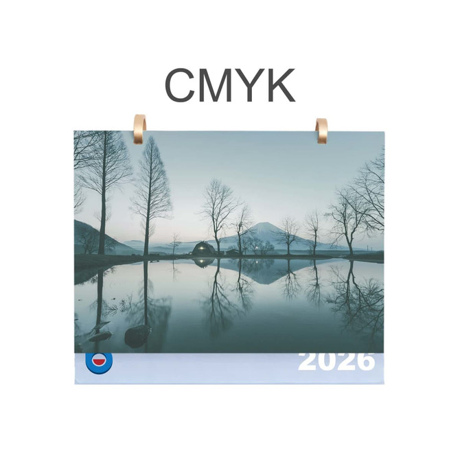 A desk calendar featuring a serene landscape with reflective water and trees, in soft blue and muted tones.
