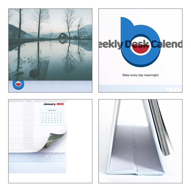 A desk calendar with a scenic cover image, featuring a blue logo and a white stand, displaying a January 2026 page.