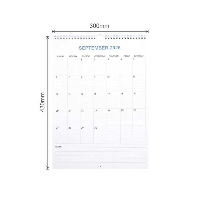 A vertical wall calendar for September 2026 with a white background and blue text. It features a spiral binding.