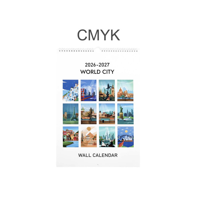 A vertical wall calendar featuring artistic images of world cities in vibrant colours, with a logo at the top.