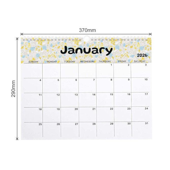 A horizontal wall calendar featuring a floral design at the top and a blank layout for January 2026.