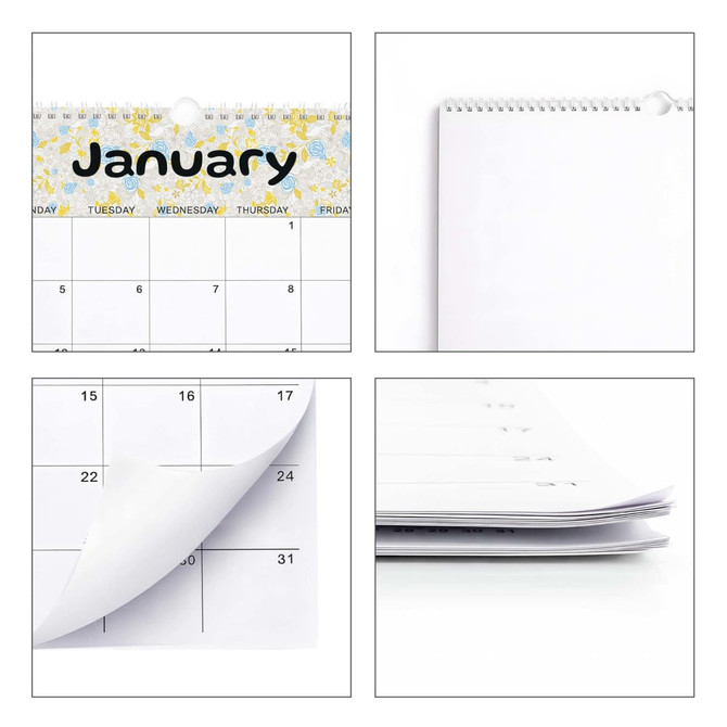 A horizontal wall calendar featuring a floral design at the top and clean, blank monthly pages in white.