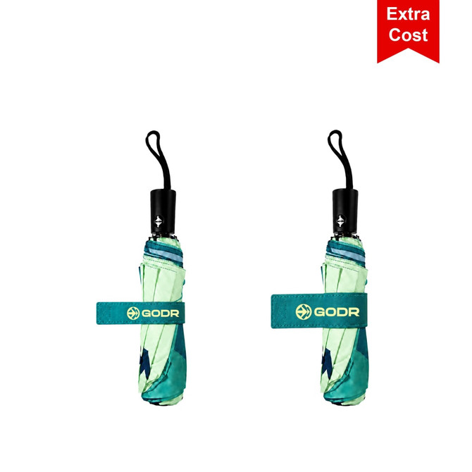 A 21'' automatic compact folding umbrella in shades of green, featuring a logo and a secure strap.