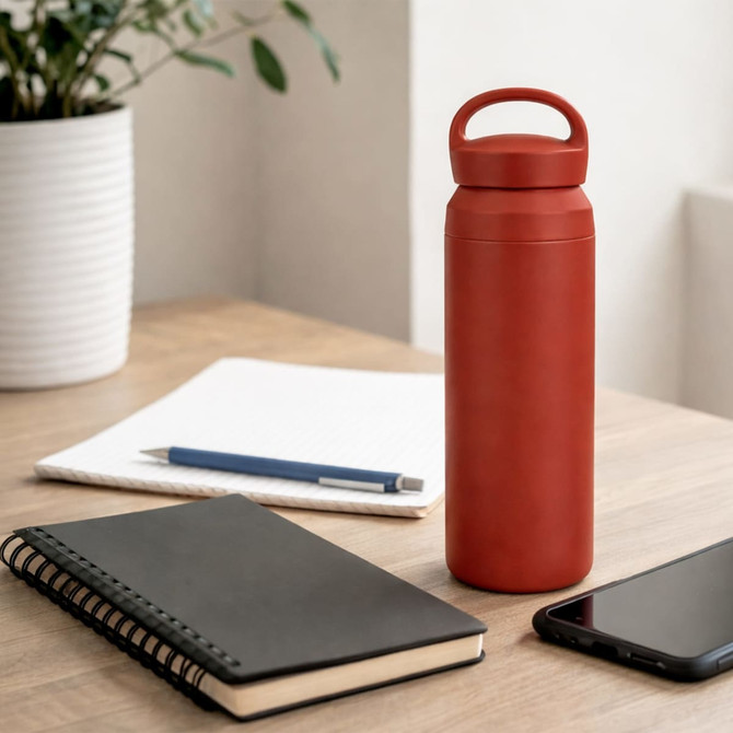 A drink bottle in red, featuring a handle and double wall design, placed on a wooden desk with notebooks and a phone.