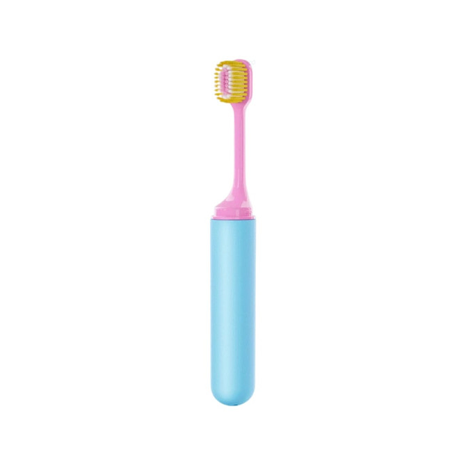 A foldable soft bristle toothbrush with a pink head and blue handle, featuring a branding logo.