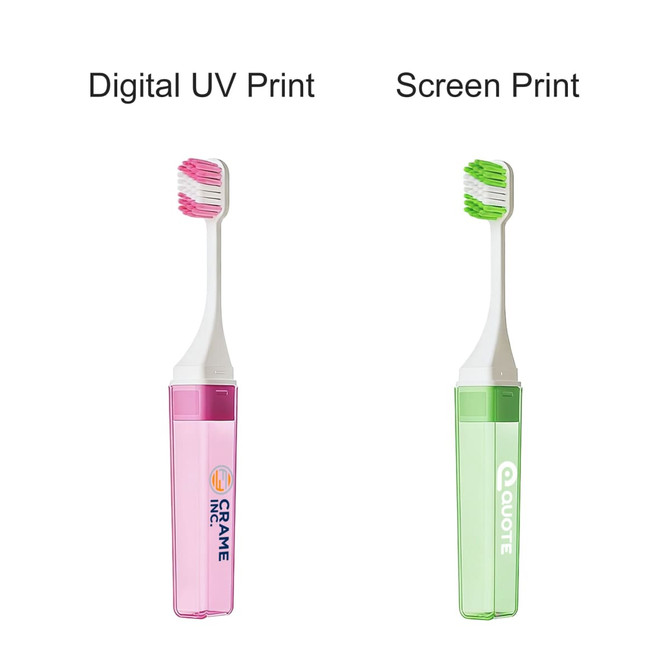 A foldable toothbrush in pink and green casing with a transparent cover. Each has a unique design and includes branding.