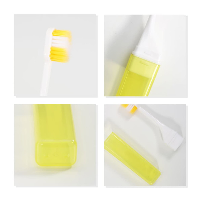 A square foldable handle toothbrush in bright yellow with a white brush head, packaged in a matching case.