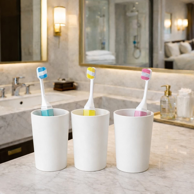 A set of three toothbrushes with blue, yellow, and pink heads in white cups on a marble bathroom counter.