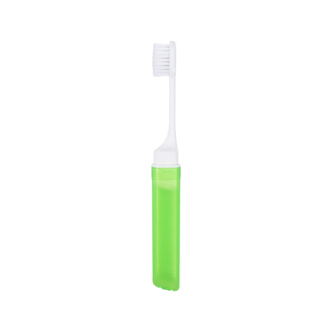 A transparent foldable handle toothbrush with a green case and white bristles. It includes a logo on the case.