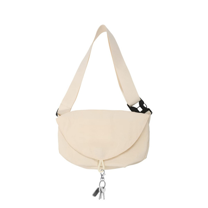 A cream-coloured casual crossbody bag with a flap closure and an adjustable strap, featuring a logo.