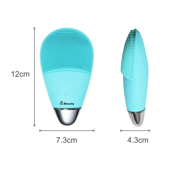 A silicone facial cleansing brush in aqua blue, measuring 12cm by 7.3cm, featuring a logo and textured surface.