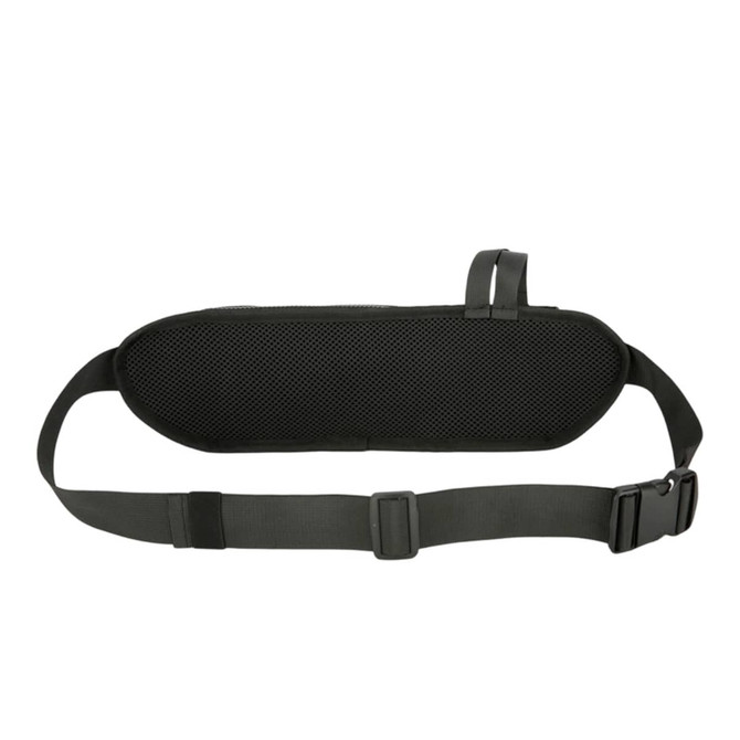 A black fanny pack with a mesh back and adjustable straps, featuring a bottle holder and a branding logo.