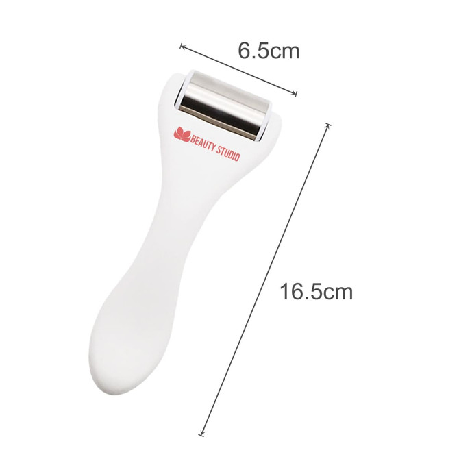 A white Face Ice Roller with a metal roller head, measuring 16.5 cm in length and 6.5 cm in width.