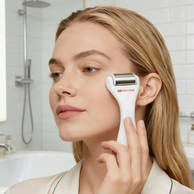 A woman with long hair uses a white ice roller on her face in a bright bathroom setting. The product has a logo.