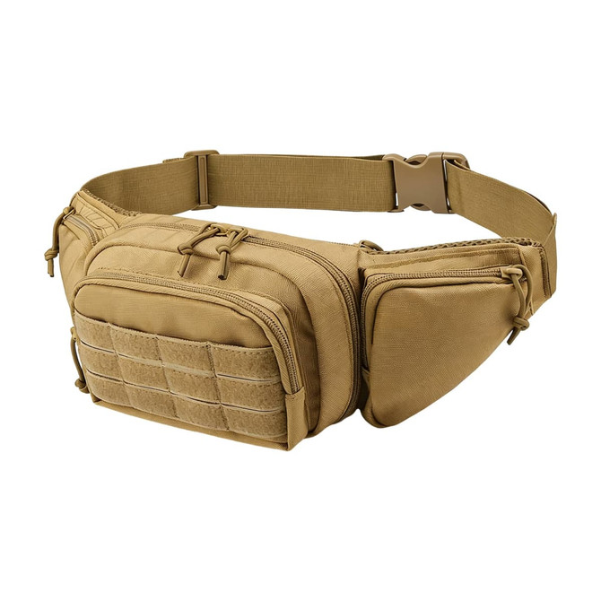 A tactical fanny pack in tan colour featuring multiple pockets and a logo. Ideal for carrying essentials securely.