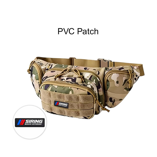 A tactical fanny pack in a camouflage pattern, featuring multiple zippered compartments and a logo patch.