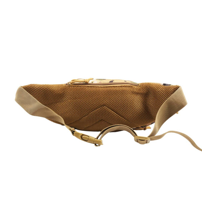 A tactical fanny pack in a tan colour with mesh detailing and adjustable straps. The pack features a branded logo.