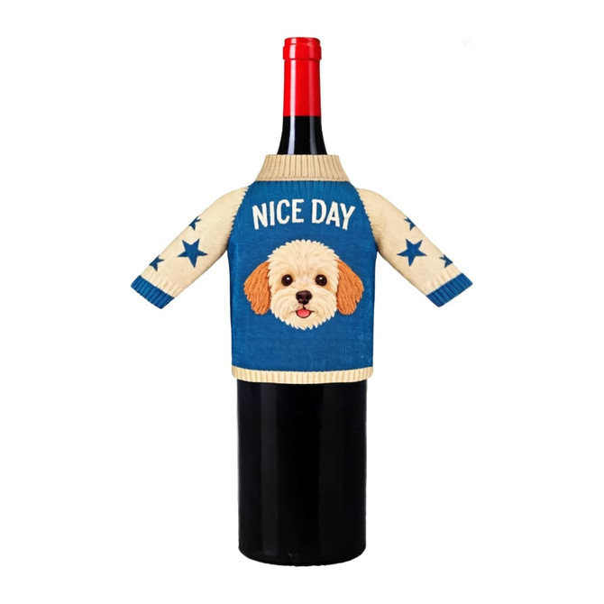 A drink bottle adorned with a blue and cream wine bottle sleeve featuring a dog motif and star patterns.