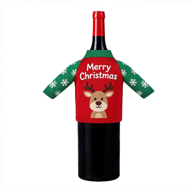 A drink bottle sleeve featuring a green and red Christmas-themed design with a reindeer and snowflakes.