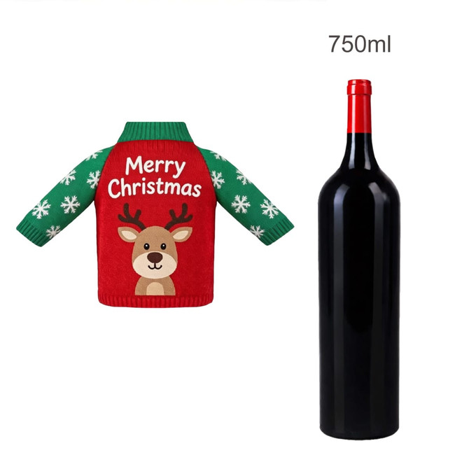 A drink bottle with a red and green Christmas-themed sweater sleeve featuring a reindeer design.