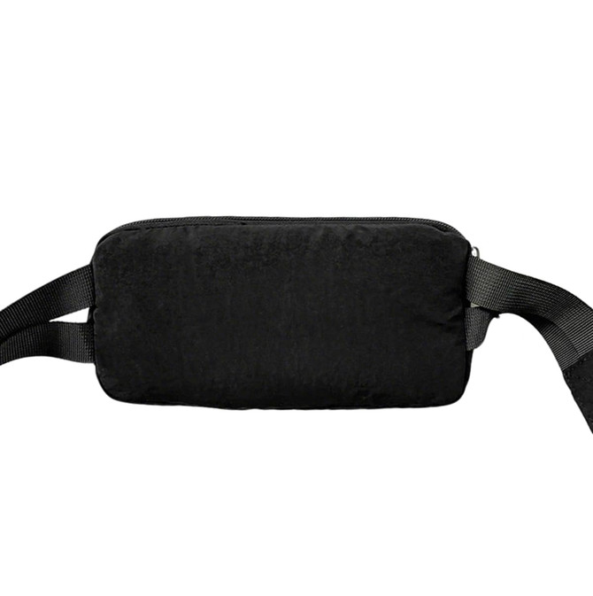 A black travel fanny pack with a zippered compartment and adjustable straps. It features a logo on the front.